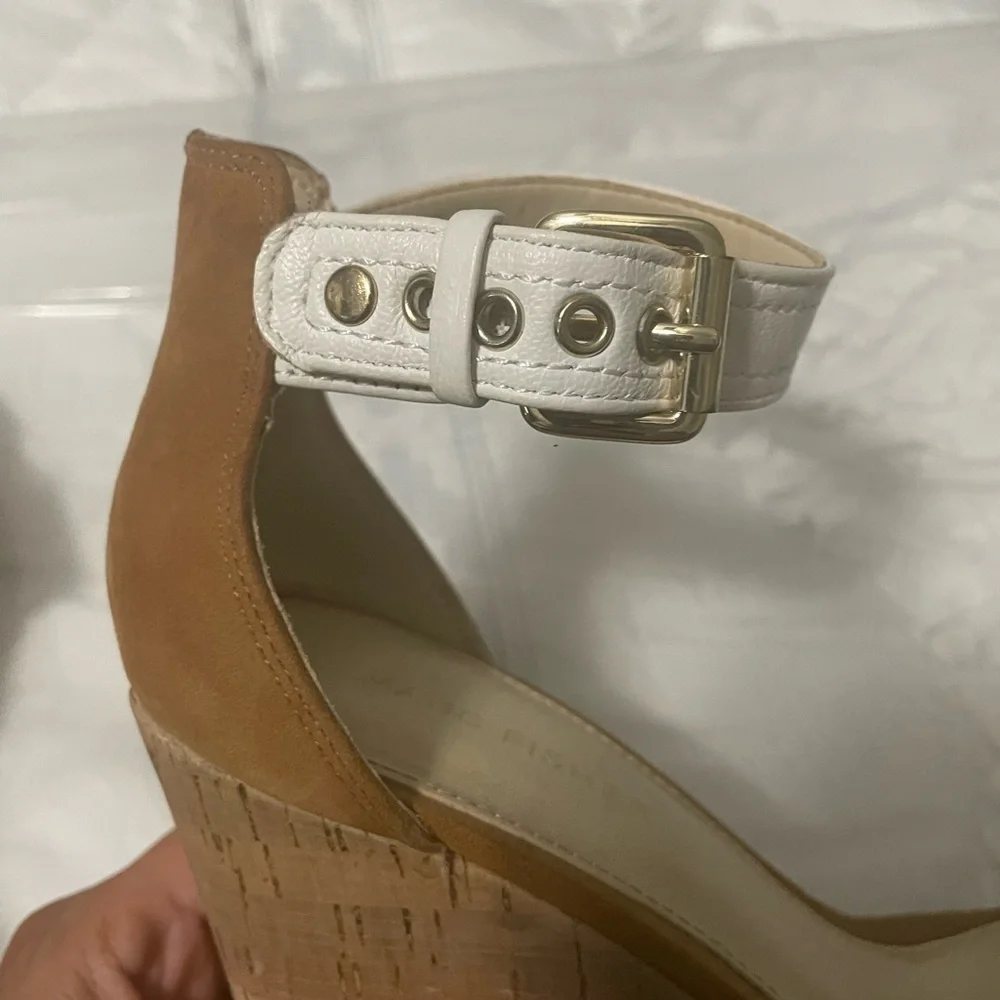 Mark Fisher beige suede and snake embossed ankle strap cork‎ wedges.